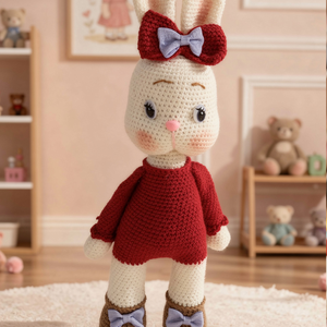Iepurașul Roșie � iepuraș croșetat handmade cu fustiță, 40 cm, pentru copii 3+ - jucării și echipamente pentru copii - plușuri - iepure de pluș - Artynos.ro