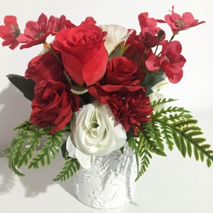 Ghiveci Ceramică Alb Cu Flori Albe și Roșii - casă & stil de viață - decorațiuni de casă - decorațiuni de masă și rafturi - boluri decorative - Artynos.ro