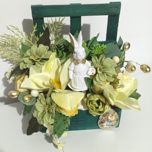 Fereastră Lemn Verde Cu Iepure Alb și Magnolii - decor de sărbători - decorațiuni de paște - decor masă de paște - Artynos.ro