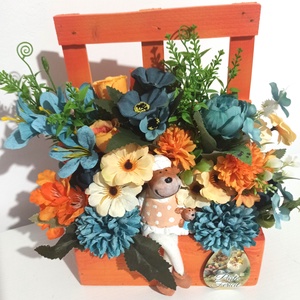 FEREASTRĂ LEMN PORTOCALIE CU FIGURINĂ CERAMICĂ ȘI FLORI PORTOCALII, ALBASTRE - casă & stil de viață - decorațiuni de casă - decorațiuni de masă și rafturi - decorațiuni de masă - Artynos.ro