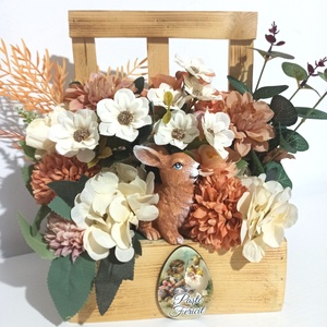 FEREASTRĂ LEMN NATUR CU IEPURE CERAMICĂ ȘI FLORI ALB, SOMON - casă & stil de viață - decorațiuni de casă - decorațiuni de masă și rafturi - decorațiuni de masă - Artynos.ro