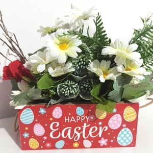 LĂDIȚĂ ROȘIE HAPPY EASTER CU IEPURE ȘI FLORI ALBE ȘI ROȘII - decor de sărbători - decorațiuni de paște - decor masă de paște - Artynos.ro