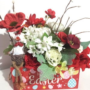 LĂDIȚĂ ROȘIE HAPPY EASTER CU IEPURE ȘI FLORI ALBE ȘI ROȘII - decor de sărbători - decorațiuni de paște - decor masă de paște - Artynos.ro