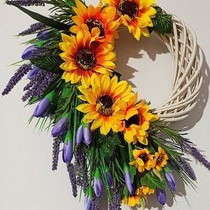 Coroniță cu floarea soarelui, lavanda și crocus mov - casă & stil de viață - decorațiuni de casă - accesorii florale - coronițe decor - Artynos.ro