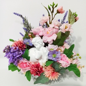 Decorațiune cu îngeraș din ceramică alb, lavandă, liliac și crenguță de cireș roz - casă & stil de viață - decorațiuni de casă - decorațiuni de masă și rafturi - boluri decorative - Artynos.ro