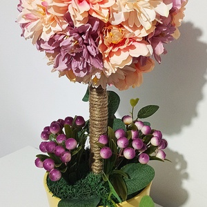 Ghiveci galben cu pom din dalii somon, lila, mov, Casa & Stil de viata, Decoratiuni de casa, Accesorii florale, Flori in ghiveci, Aranjament de flori, ARTYNOS