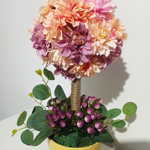 Ghiveci galben cu pom din dalii somon, lila, mov - casă & stil de viață - decorațiuni de casă - accesorii florale - flori în ghiveci - Artynos.ro