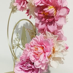 Decorațiune metal cu pasăre și dalii roz, lila, somon - casă & stil de viață - decorațiuni de casă - accesorii florale - coronițe decor - Artynos.ro