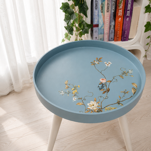 Masuta de cafea/accent rotunda, albastru deschis cu model floral - Artynos.ro