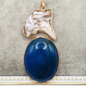 Pandantiv agata albastra cu scoica cu perle 65x31mm - 1 buc, Bijuterii, Coliere, Pandative, Confectionarea bijuteriilor, ARTYNOS