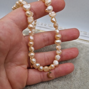 Choker Perle naturale roz somon Aur filat semiluna - bijuterii - coliere - coliere din perle - Artynos.ro