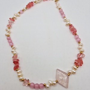 Colier Perle naturale albe Cuart roz - Artynos.ro