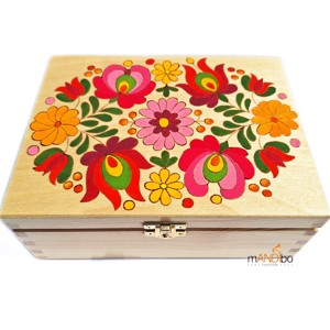 Cutie pentru filtre de ceai cu motive florale populare in stil maghiar, , , **Cutie pentru filtre de ceai din lemn, cu 6 compartimente – decor floral pirogravat si pictat manu..., ARTYNOS