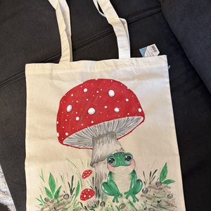 Plasă tote pictată manual  Broscuță sub ciupercă  - geantă și husă - geantă pentru cumpărături - geantă shopper, geantă tote, geantă textilă - Artynos.ro