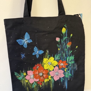 Plasă tote pictată manual, flori/fluturi - Artynos.ro