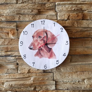 Ceas de perete din lemn alb cu câine teckel maro -  - Artynos.ro