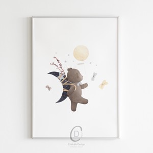 Tablou personalizat pentru camera copiilor, decorațiuni pentru camera bebelușului, ursuleț de pluș, lună, curcubeu, artă de perete set de 3 -  - Artynos.ro