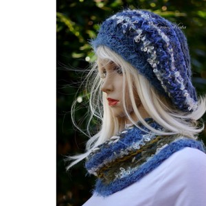 BLUE MAGIC - set exclusiv tricotat manual de pălărie de iarnă foarte groasă și șampon - îmbrăcăminte și modă - eșarfe, pălării, fularuri - set eșarfe pălărie - Artynos.ro