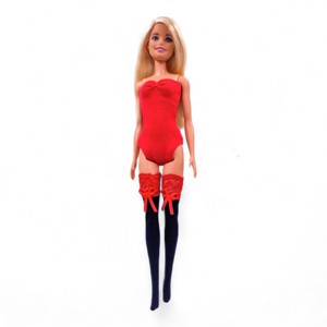 Ciorapi negri cu dantelă roșie � rochie pentru păpuși de tip Barbie (b002fp) - jucării și echipamente pentru copii - jucării și accesorii pentru copii - haine de barbie - Artynos.ro