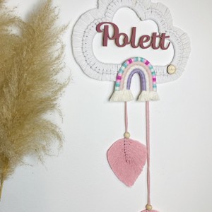 Decor de perete personalizat - nor macramé cu curcubeu și frunze (mic) - girly -  - Artynos.ro