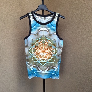 [M] Top de vara artistic unicat mandala hippie , Imbracaminte si moda, Haine dama, Tricou si top de dama, Altele, Maiou reiat cu geometrie sacra in nuante de albastru, verde salvie si auriu. E confortabil, elastic..., ARTYNOS