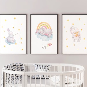 Decalcoman de perete pentru camera copilului, poster cu iepuras de noapte buna, set unic personalizat de imagini cu animale, 3 bucati, , , ARTYNOS