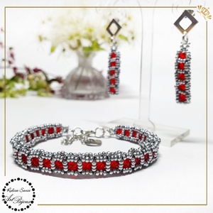 SET cu patratele - rosu+argintiu, Bijuterii, Seturi de bijuterii, Confectionarea bijuteriilor, Impletituri, broderie cu margele, ARTYNOS