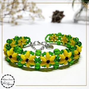 BRATARA cu floricele galben+verde, Bijuterii, Bratari, Bratara cu margele, Confectionarea bijuteriilor, Impletituri, broderie cu margele, ARTYNOS