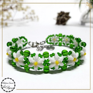 BRATARA cu floricele alb+verde, Bijuterii, Bratari, Bratara cu margele, Confectionarea bijuteriilor, Impletituri, broderie cu margele, ARTYNOS