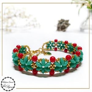 BRATARA cu floricele rosu+turcoaz+auriu, Bijuterii, Bratari, Bratara cu margele, Confectionarea bijuteriilor, Impletituri, broderie cu margele, ARTYNOS