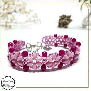 BRATARA cu floricele rosu+turcoaz+auriu, Bijuterii, Bratari, Bratara cu margele, Confectionarea bijuteriilor, Impletituri, broderie cu margele, ARTYNOS