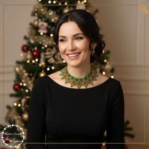 ZGARDAN ELEGANT - rosu, verde si auriu, Bijuterii, Coliere, Coliere din margele, Confectionarea bijuteriilor, Impletituri, broderie cu margele, ARTYNOS