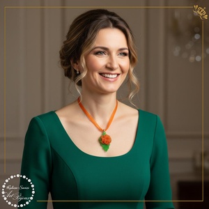 PANDANTIV trandafiras pe frunza - PORTOCALIU, Bijuterii, Coliere, Pandative, Confectionarea bijuteriilor, Impletituri, broderie cu margele, ARTYNOS