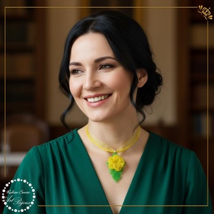 PANDANTIV trandafiras pe frunza - GALBEN, Bijuterii, Coliere, Pandative, Confectionarea bijuteriilor, Impletituri, broderie cu margele, ARTYNOS