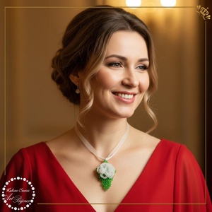 PANDANTIV trandafiras pe frunza - ALB, Bijuterii, Coliere, Pandative, Confectionarea bijuteriilor, Impletituri, broderie cu margele, ARTYNOS