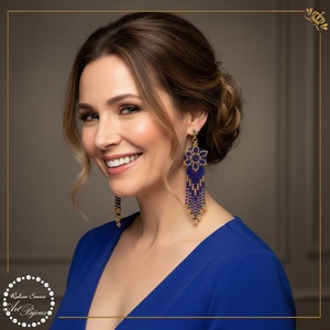 CERCEI CU FLOARE SI FRANJURI - albastru cu auriu, Bijuterii, Cercei, Cercei din margele, Confectionarea bijuteriilor, Impletituri, broderie cu margele, ARTYNOS