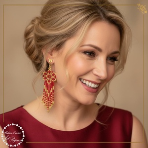 CERCEI CU FLOARE SI FRANJURI - rosu cu auriu, Bijuterii, Cercei, Cercei din margele, Confectionarea bijuteriilor, Impletituri, broderie cu margele, ARTYNOS