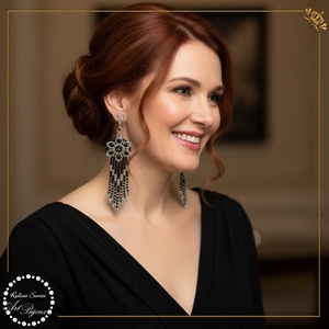 CERCEI CU FLOARE SI FRANJURI - negru cu argintiu, Bijuterii, Cercei, Cercei din margele, Confectionarea bijuteriilor, Impletituri, broderie cu margele, ARTYNOS