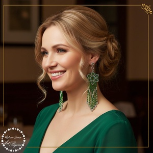 CERCEI CU FLOARE SI FRANJURI - verde cu argintiu, Bijuterii, Cercei, Cercei din margele, Confectionarea bijuteriilor, Impletituri, broderie cu margele, ARTYNOS