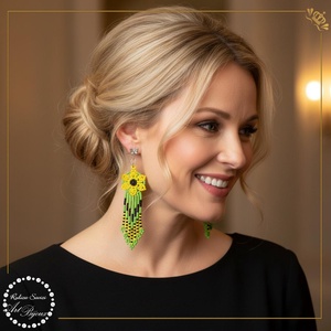 CERCEI CU FLOARE SI FRANJURI - floarea soarelui, Bijuterii, Cercei, Cercei din margele, Confectionarea bijuteriilor, Impletituri, broderie cu margele, ARTYNOS