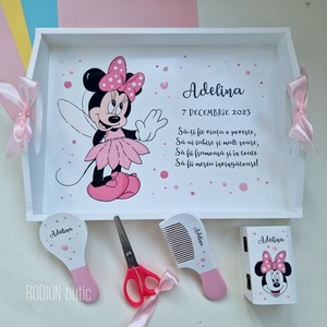 Set prima aniversare fetita Minnie  tava mot personalizata pictata manual - Artynos.ro
