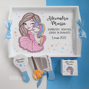 Set prima aniversare fetita unicorn tava mot personalizata pictata manual - Artynos.ro