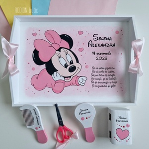 Set prima aniversare fetita Minnie tava mot personalizata pictata manual - Artynos.ro