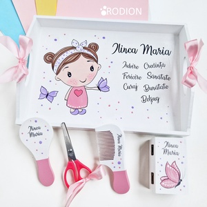 Set prima aniversare fetita fluturasi tava mot personalizata pictata manual - Artynos.ro