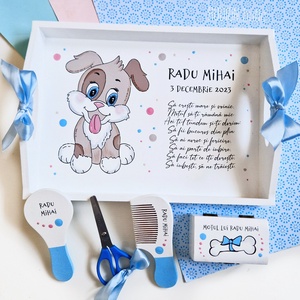 Set prima aniversare baietel catel tava mot personalizata pictata manual - Artynos.ro