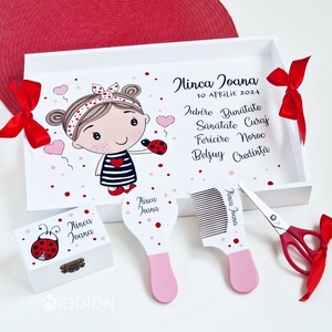 Set prima aniversare fetita buburuza tava mot personalizata pictata manual - Artynos.ro