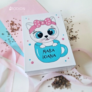 Cutie din lemn bijuterii pisicuta pictata manual personalizata cu mesaj - Artynos.ro