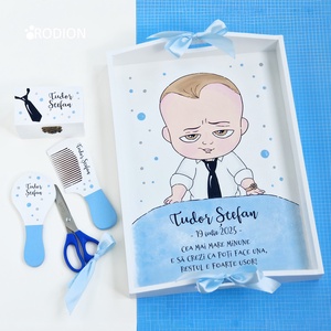 Set prima aniversare Baby Boss tava mot personalizata pictata manual, Jucarii si echipamente pentru copii, Saci si seturi pentru copii, Seturi pentru copii, Obiecte pictate, Pictura, ARTYNOS