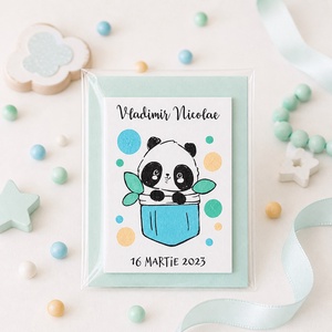 Marturii botez baietel pictat manual personalizate cu nume Panda - Artynos.ro