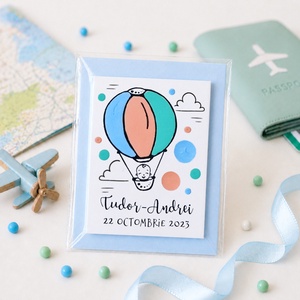 Marturii botez baietel pictat manual personalizate cu nume Balon cu aer - Artynos.ro